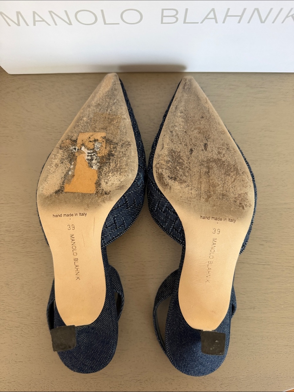 Manolo Blahnik Denim Woven Pointed Slingback Heels - Picture 6 of 8